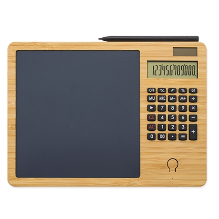 Lavagna magica con calcolatrice integrata a 12 cifre. Realizzata in bambù. Fornita con pennino per la scrittura. Cancellazione automatica premendo l'apposito pulsante. Carica microusb. Fornita in confezione singola. 27051