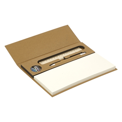 Block notes da scrivania con penna con meccanismo a scatto, righello in legno da 15cm e graffette. 40993