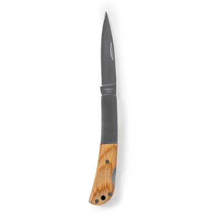 Coltello a serramanico in acciaio inox e impugnatura in legno naturale e acciaio. Blocco di sicurezza. Fornito in confezione singola dal design eco. 86036